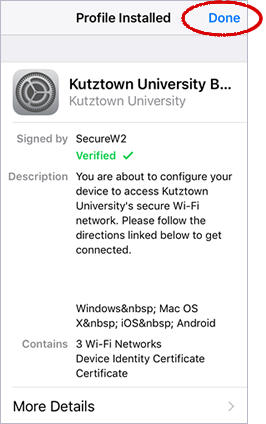 Notification in settings that the secure w2 profile has been installed, with a button that says "done" at the top right circled in red