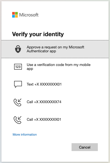 Popup asking to verify your identity through text, call, or mobile app