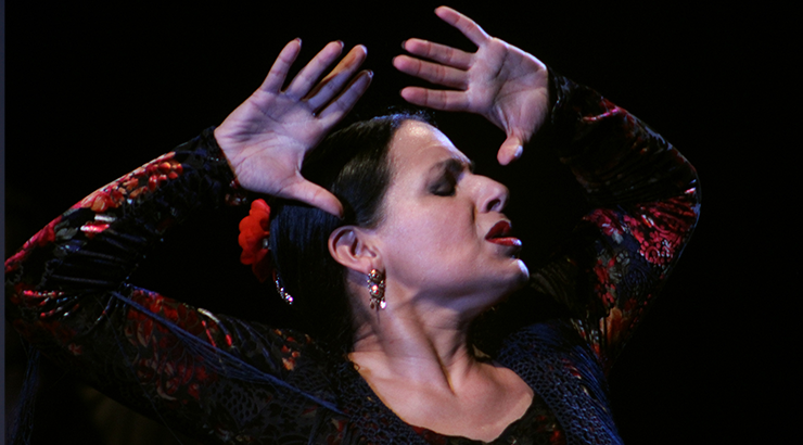 Closeup on a female flamenco dancer in the middle of a performance, with her hands lifted above her head