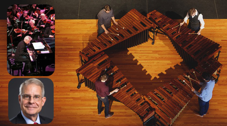 The Heartland Marimba quartet members playing wooden marimbas stacked corner-to-corner to form a square with the musicians on the outside. On the left, an image of the Reading Pops Orchestra and headshot of the orchestra's pianist. 