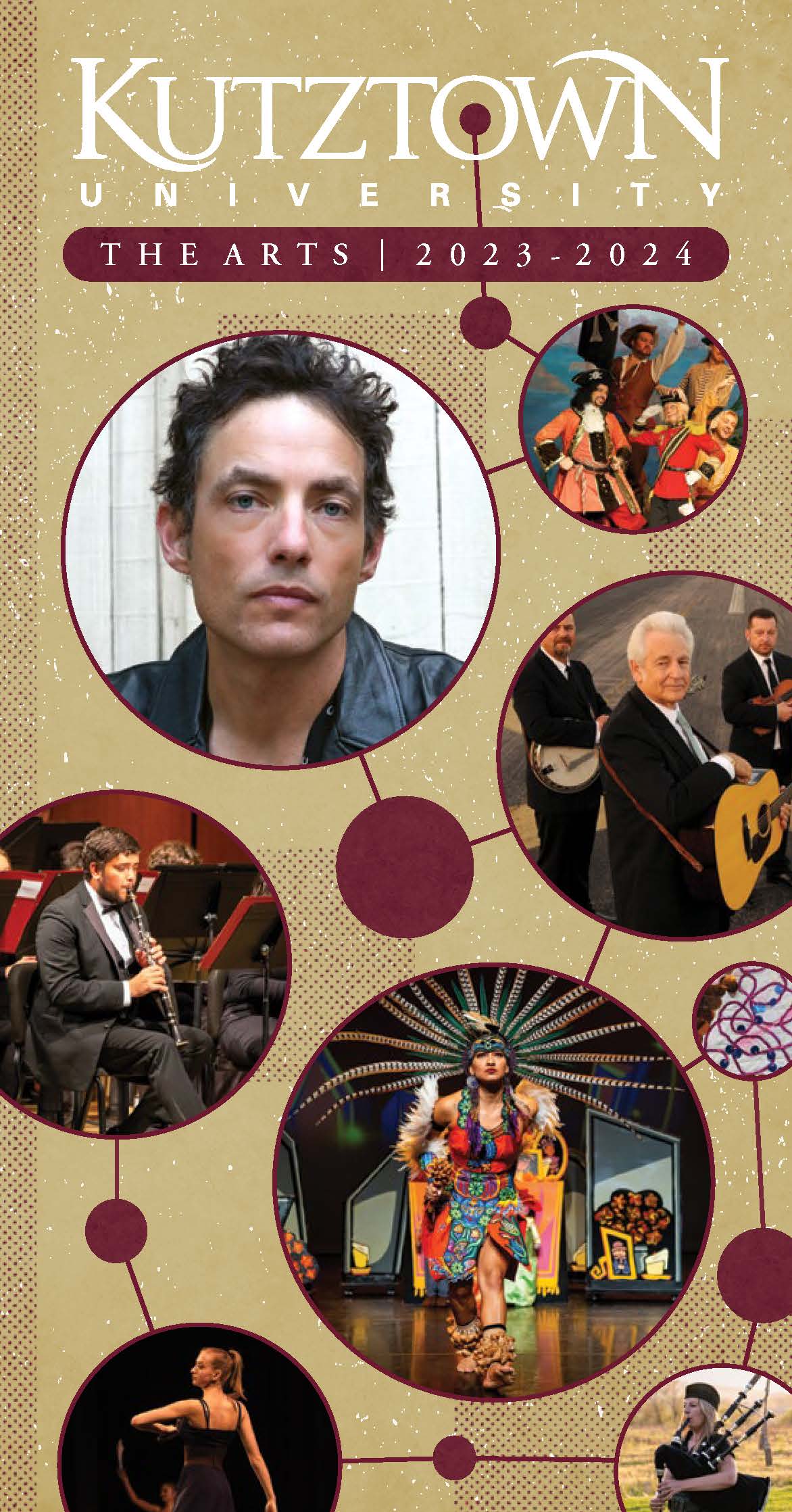 Kutztown Presents 2023 to 2024 brochure, decorated with the KU Presents logo at the top and images of the advertised performances along the cover