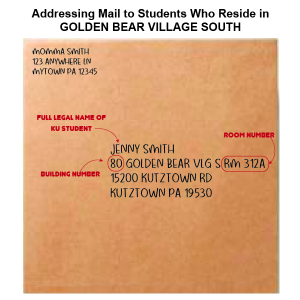 Closeup on the address line of an envelope, with an example for how to write the address of a student who lives in Golden Bear Village South 