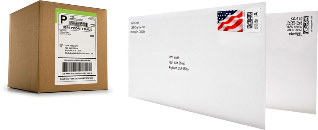 A cardboard package next to two standard white envelopes