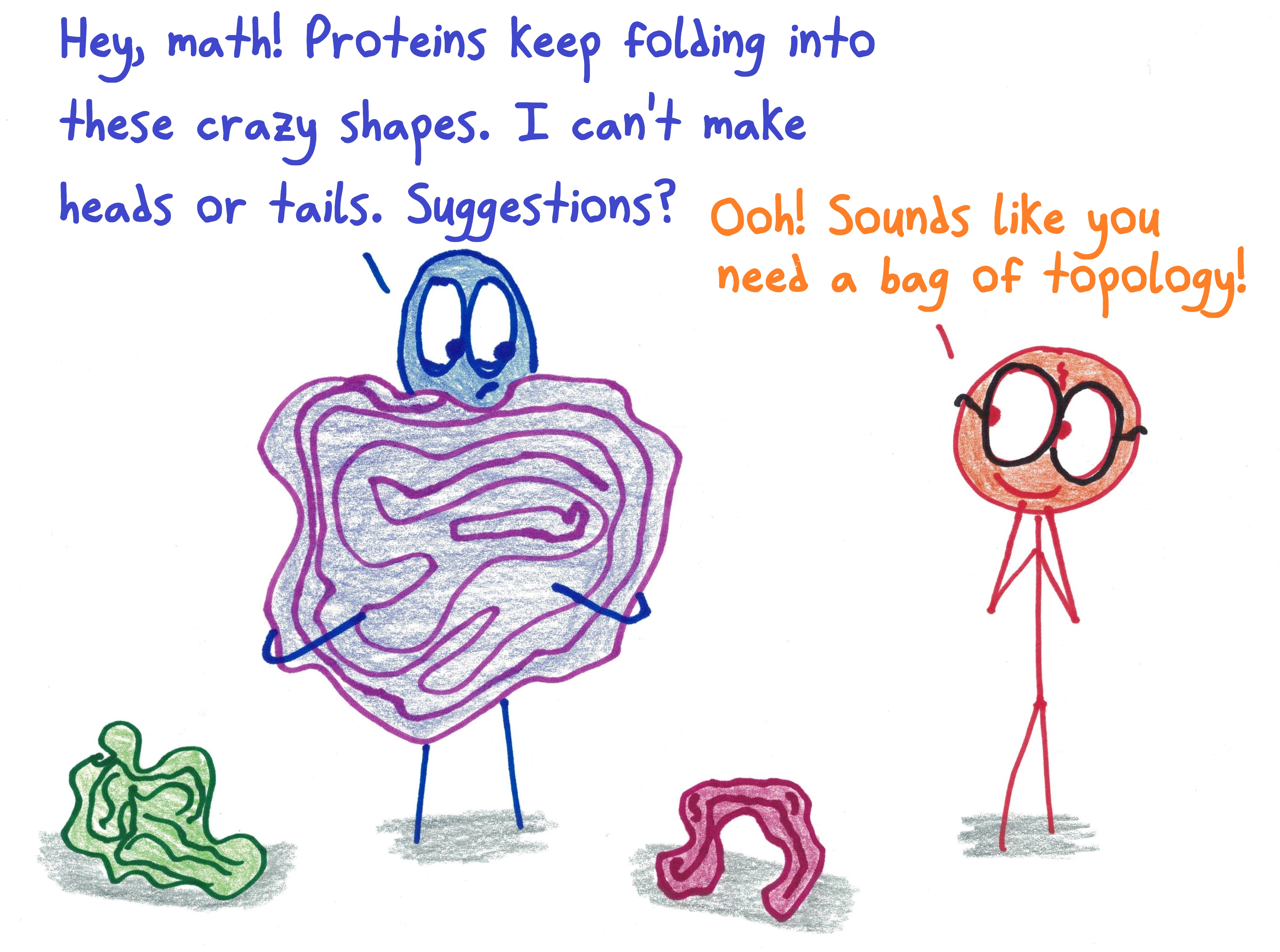 "'Hey, math. Proteins keep folding into these crazy shapes. I can't make heads or tails of it. Suggestions?' 'Sounds like you need a bag of topology'"