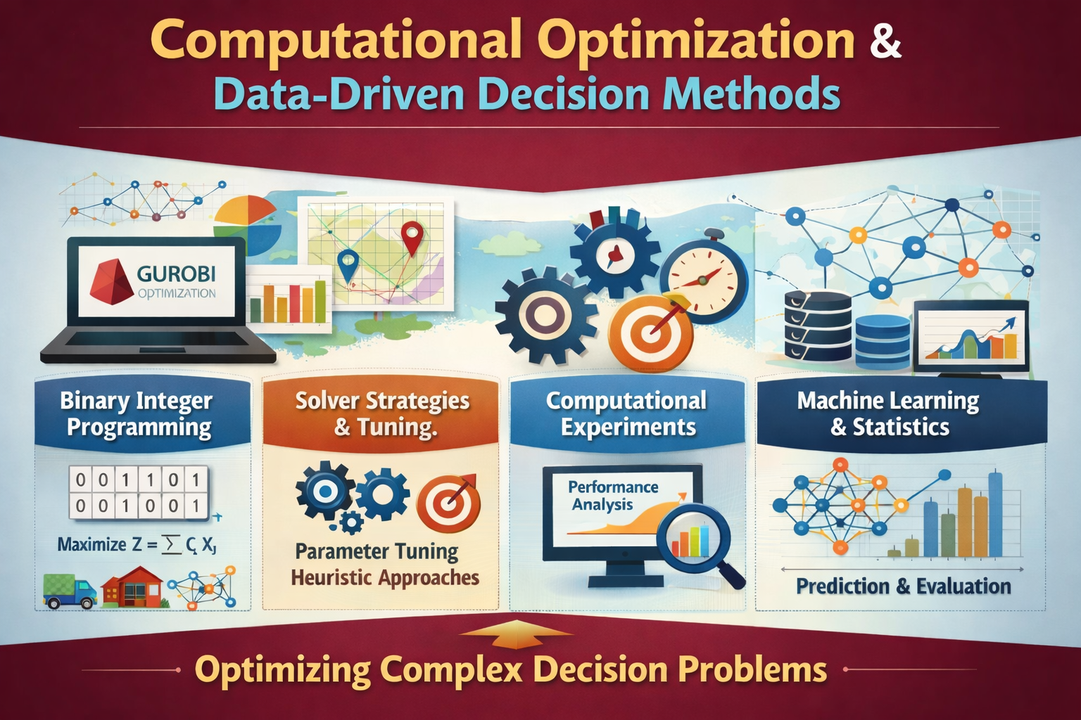 Image with title Computational Optimization and Data-Driven Decision Methods showing subcategories of Binary Integer Programming, Solver Strategies and Tuning, Computational Experiments, and Machine Learning and Statistics.  At the bottom is the text "Optimizing Complex Decision Problems"