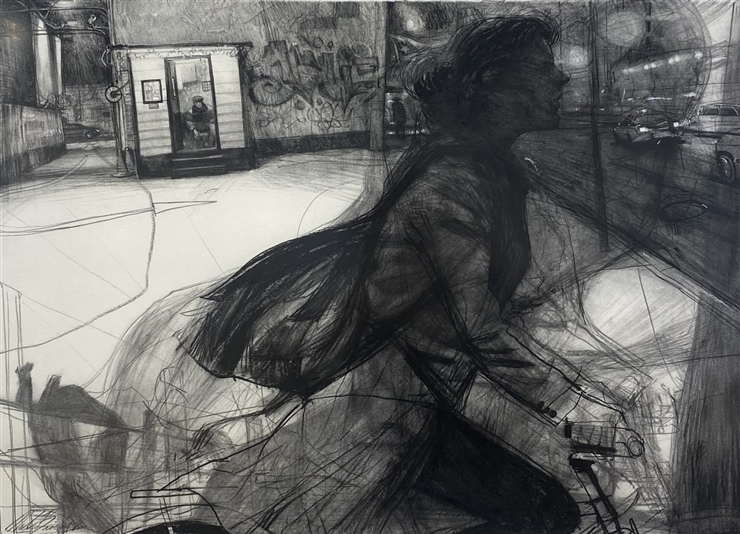 black and white image hand drawn charcoal of woman on bicycle