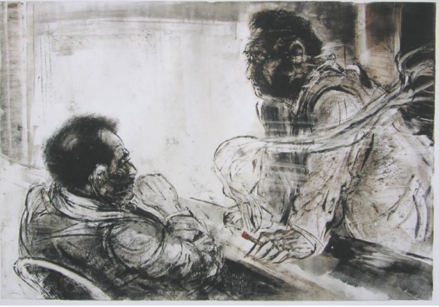 Print of two men staring at each other over a bar counter, with closer man seated and the further standing with a lit cigarette in his hand 