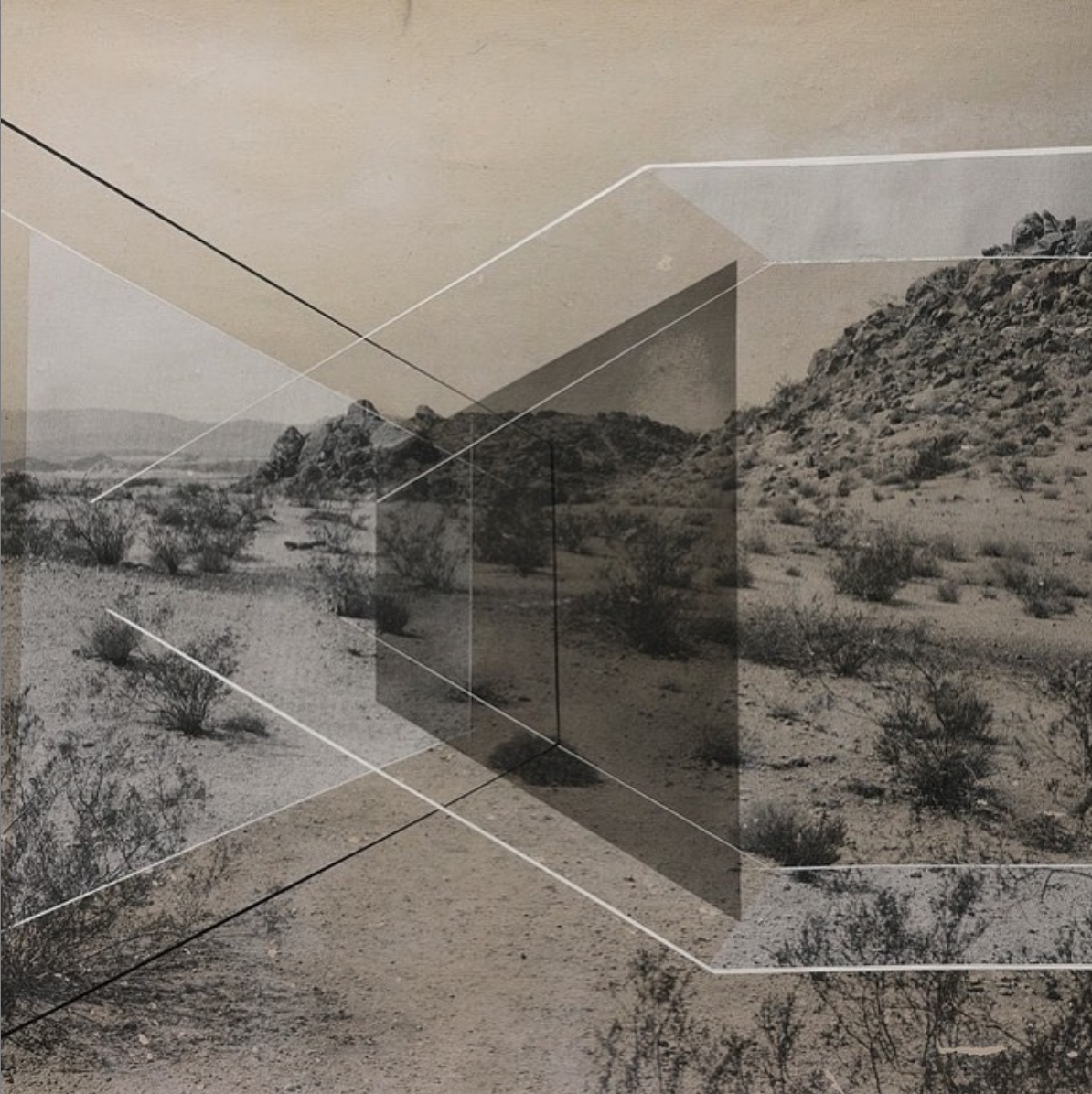 black-and-white pencil drawing of a desert scene, with sparse plants and a craggy cliff on the right side, overlaid with a series of shaded rectangles  