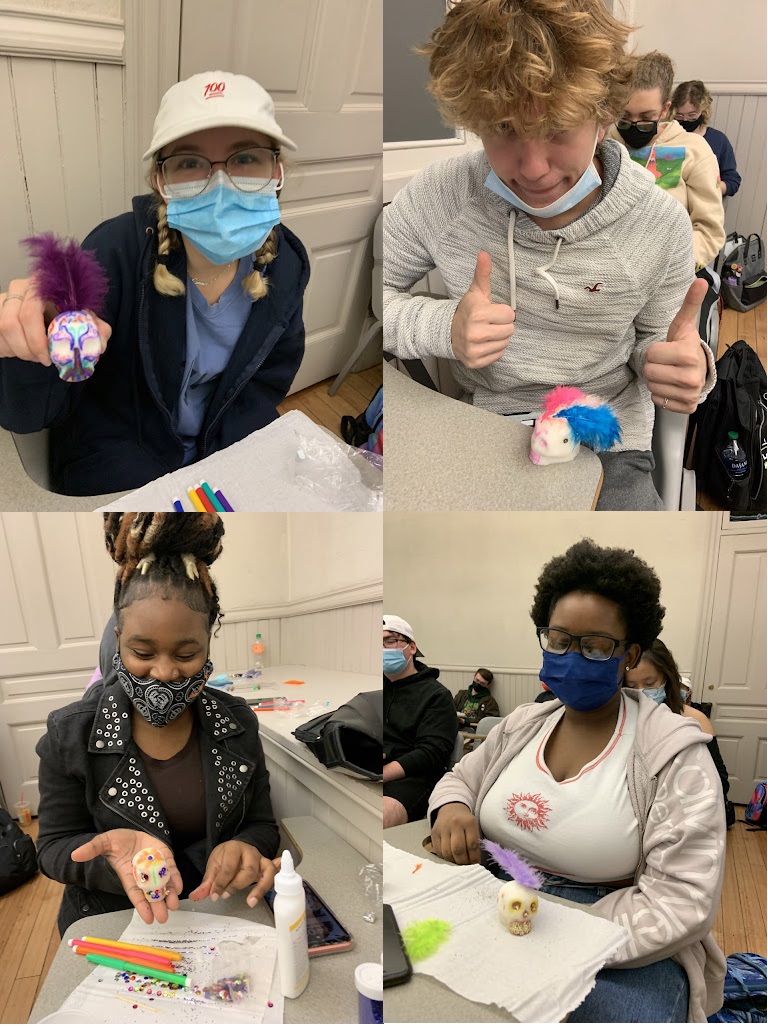 Four pictures of students painting miniature sugar skulls 