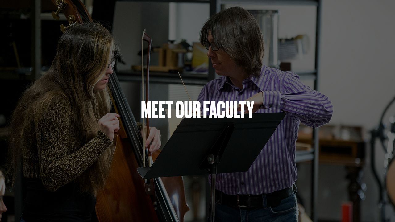 Image of music professor with student and darkened image overlay with text reading "meet our faculty"