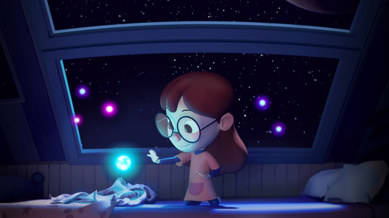 Cartoon female, sitting in front of a window at night, smiling at a glowing orb that looks like Earth, with stars floating around her head