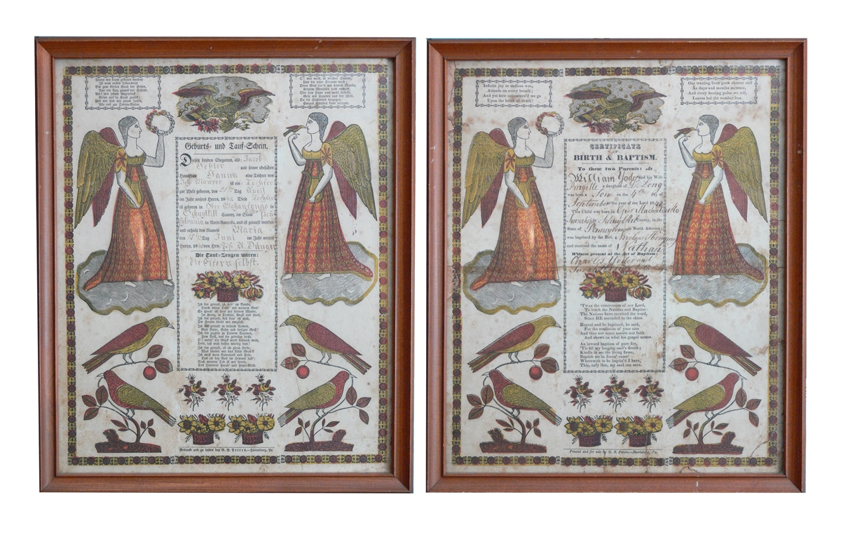Two birth and baptismal certificates in wooden frames side by side. The left-hand certificate is in German printed script with the center text handwritten with the child’s information. The right-hand certificate is printed and handwritten in English. Both documents are decorated with two angels, 2 sets of birds, and floral motifs on either side of the centered text. Above the text is an eagle with arrows and a banner in the talons. The documents are colored in shades of yellow and red. 