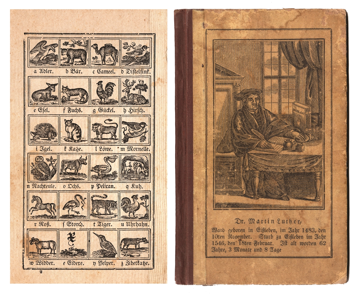 Two pages from a German language ABC book. The left-hand page includes the alphabet and prints of animals associated with each leather. The right-hand image shows the front cover which has a print of Martin Luther and a description in German script below.