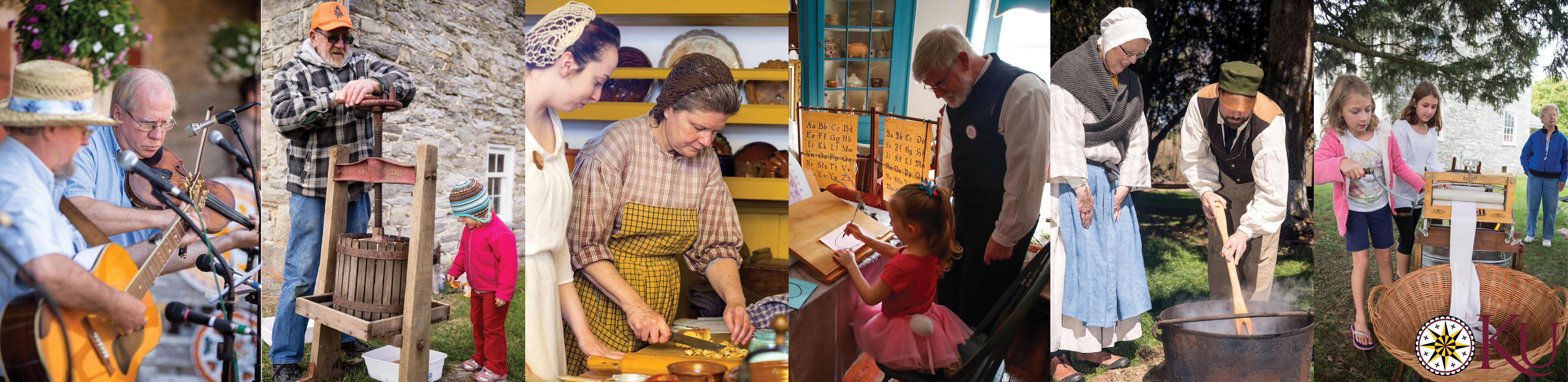 A collection of people at the Heritage Center. Two musicians, a man helping a child with an apple press, women baking, a man helping a small girl write calligrapy, a young man and older woman over a dye cauldron, and children using old laundry tools.