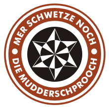 Black, red, and white logo of Hiwwe wie Driwwe Newspaper, reads "Mer schwetze noch die mudderscgprooch"