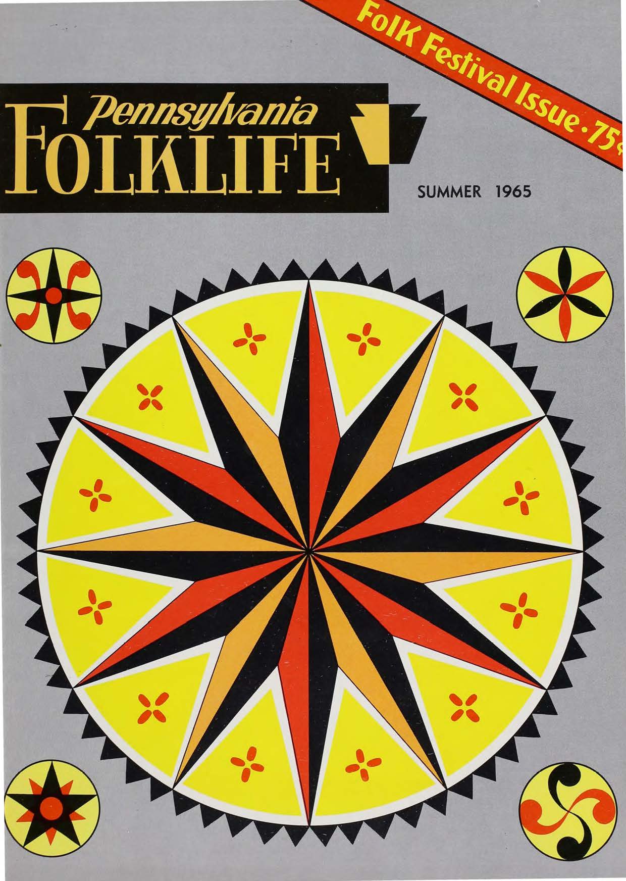 The cover of a "Pennsylvania Folklife" magazine. The background is gray, and features a large 12-pointed hex sign design in yellow, red, black, and orange. There are four small additional hex signs that are different star patterns in the same four colors.