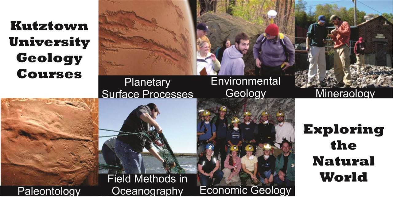 Geology Courses Poster. "Kutztown University Geology Courses: Exploring the Natural World. Planetary Surface Process, Environmental Geology, Minerology, Paleontology, Field Methods in Marine Biology, Economic Geology."