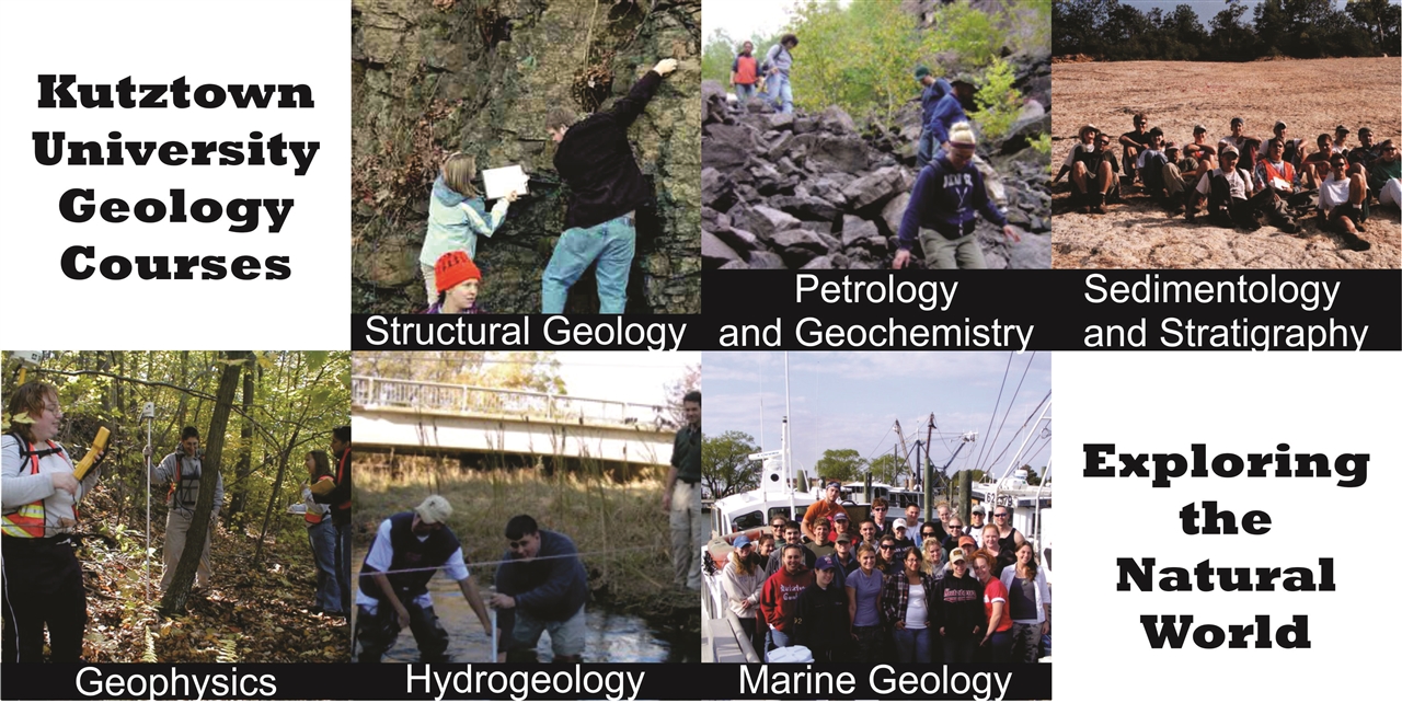Geology Courses poster "Kutztown Geology Courses: Exploring the Natural World. Structural Geology, Petrology and Geochemistry, Sedimentology and Stratigraphy, Geophysics, Hydrogeology, Marine Geology."