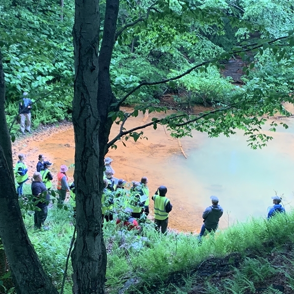 Distant shot of students looking at an abandoned mine drainage ditch, now filled with water, with a tree in the foreground