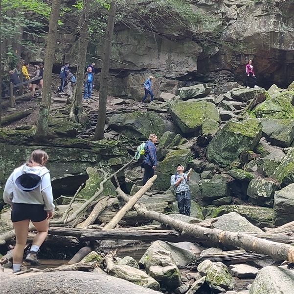 Students walking in a forest between fallen trees and over large stones 