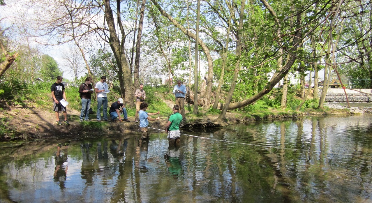 Group of students collecting data in a river