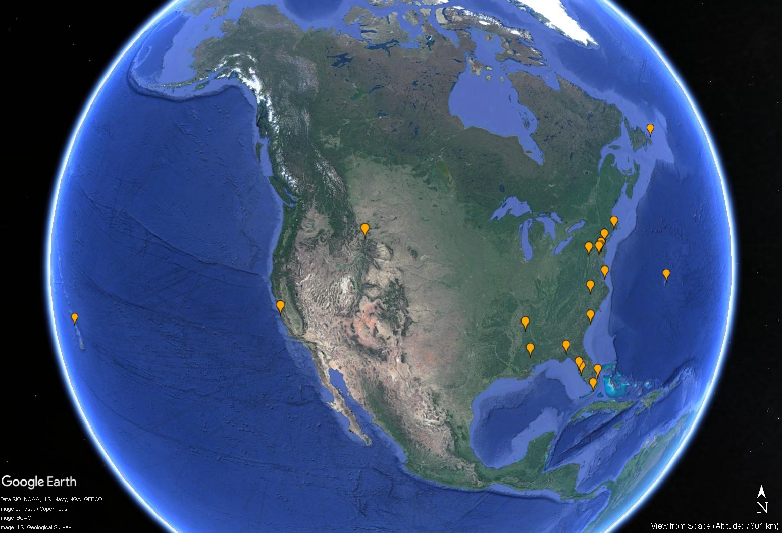 google earth image of north america showing pins with locations of alumni