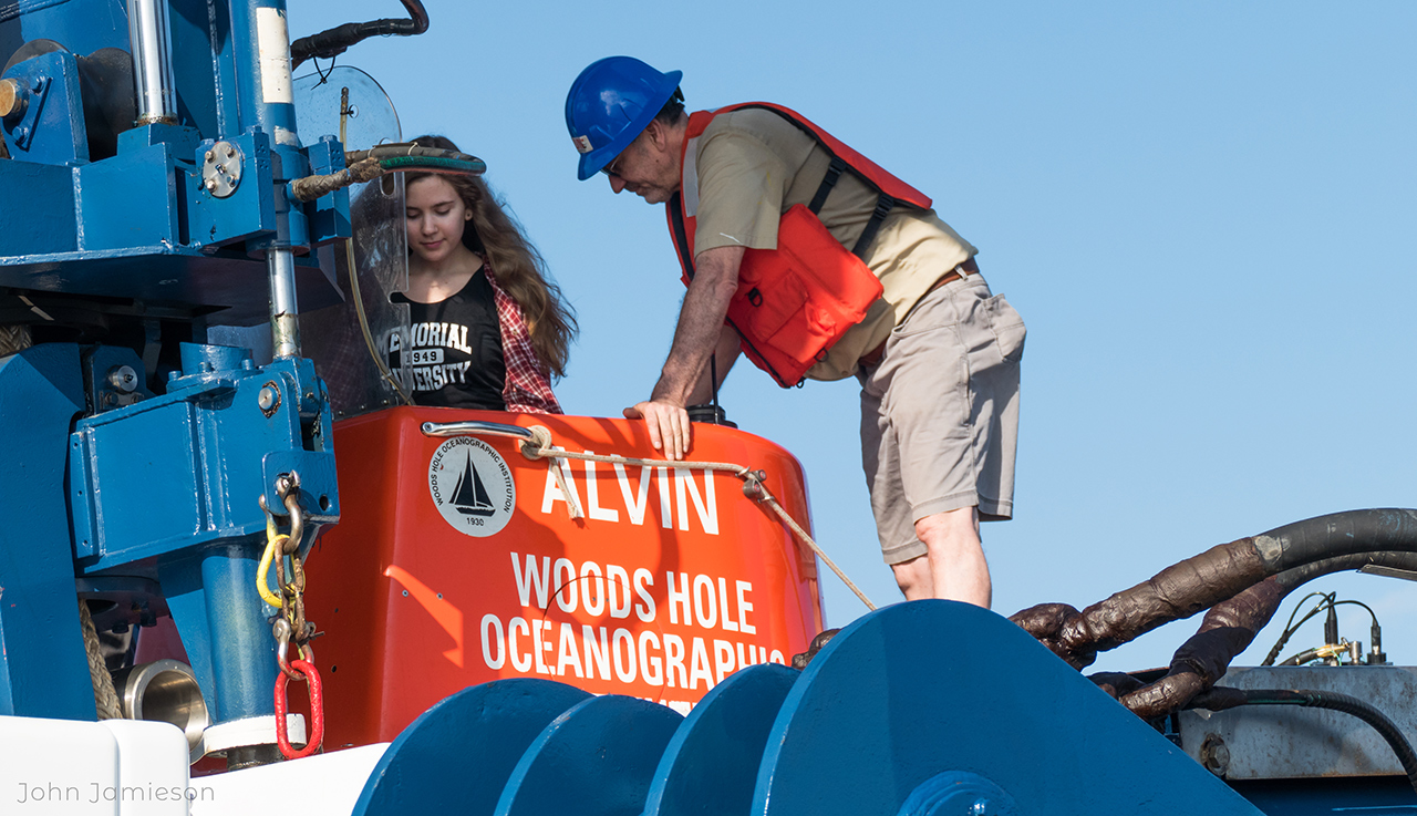 Sarah climbing into the submersible Alvin 