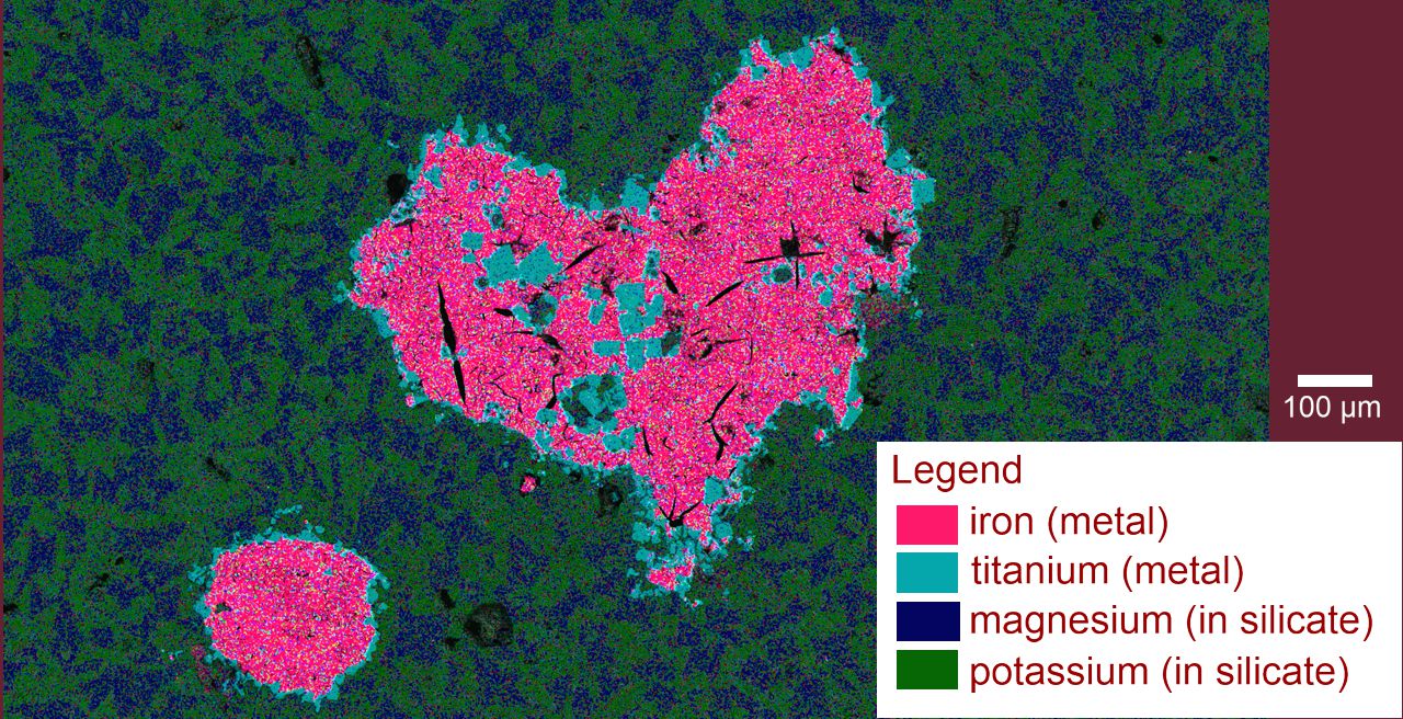 Chemical composition map of iron slag with heart of iron and rim of titanium