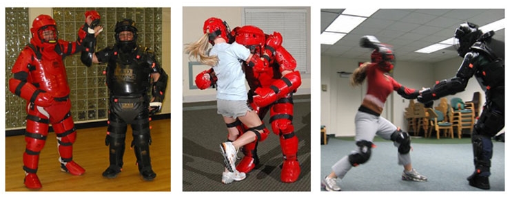Series of images of RAD training -  person in red padded cloting next to another in black padded clothing. A female practicing defensive maneuvers against the individual in the red padded clothing. Another female swinging a fist at the person wearing black padded clothing.