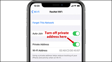 iOS setting screen with a red arrow pointing to the private address setting, red text saying "turn of private address here" 
