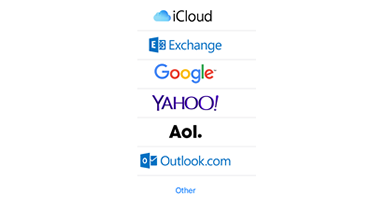 mobile email logos; from top to bottom: icloud, exchange, google, yahoo, AOL, outlook, other 