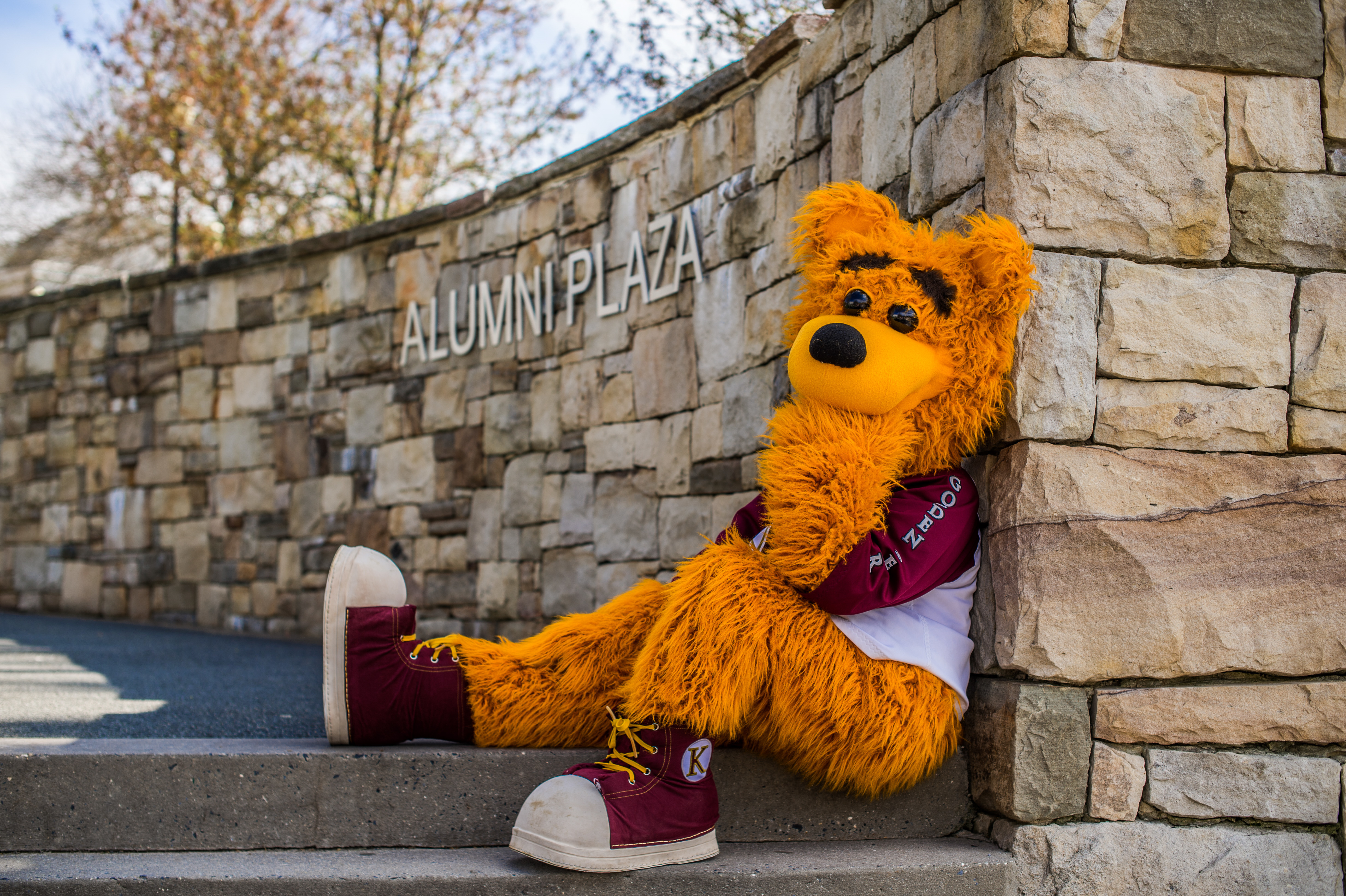 Avalanche the golden bear, sitting down and posing with his hand on his chin on the stairs next to the Alumni Plaza fountain 