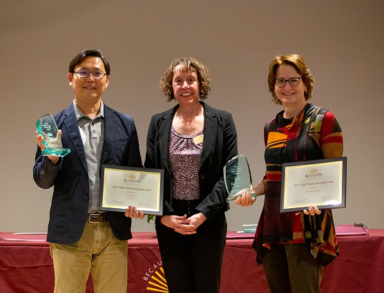 Dr. Yongjae Kim and Dr. Jennifer Schlegel, award recipients pose with Dr. Lynn Kutch, Coordinator of Undergraduate Research and Creativity.