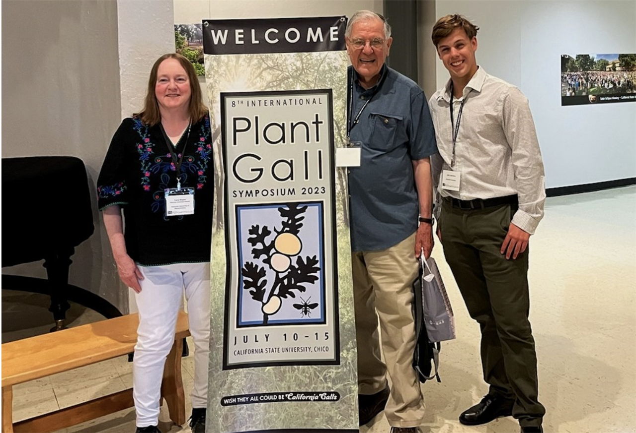 Joshua Lawrence, Dr. Raymond Gagné, an internationally renowned gall midge expert, and Dr. Carol Mapes at the 8th International Plant Gall Symposium, Chico, CA     