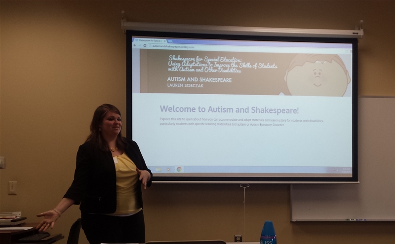 Female student presenting a slide titled "Welcome to Autism and Shakespeare!"