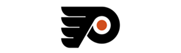 image of the Philadelphia Flyers logo of a black P letter with wings on the one side and a orange circle in the middle of the P