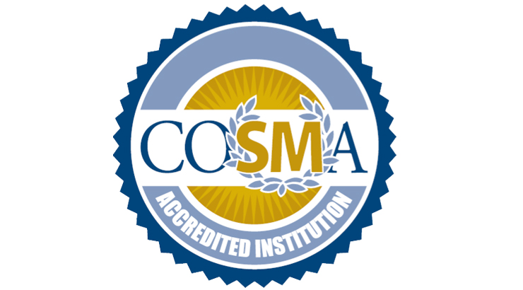 COSMA logo - the letters COSMA in blue and yellow over a circular design of blue and yellow shades.