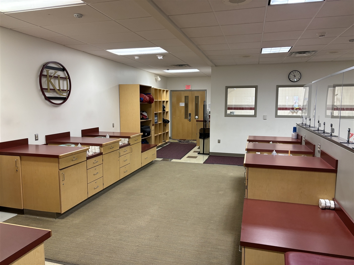 Entrance to the training area, with rows of medical tables