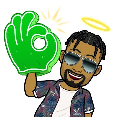 Male cartoon bitmoji with a halo and holding up a foam finger that is making the "ok" hand sign 