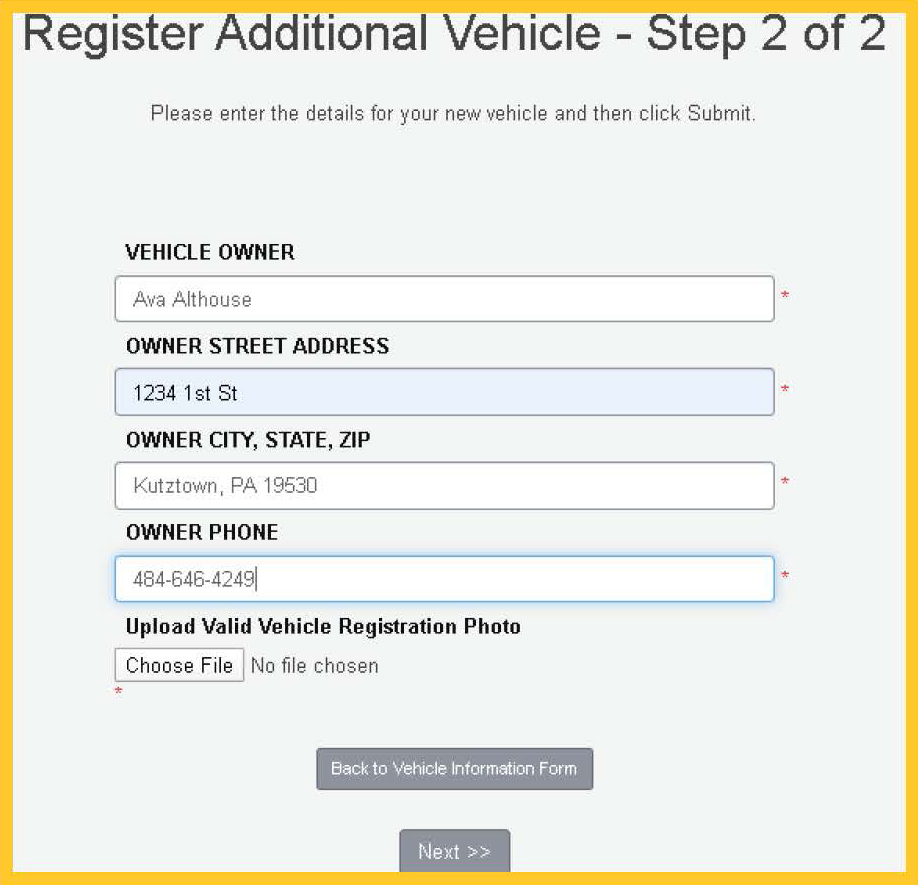 Form asking for vehicle details filled out. Questions like vehicle owner, owner street address, and upload valid vehicle registration photo.