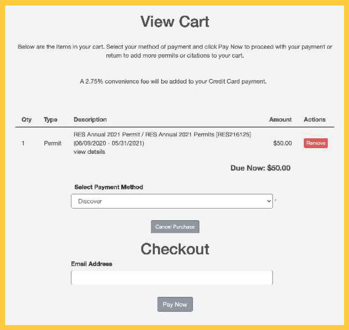 Checkout page for your cart containing your parking pass. 