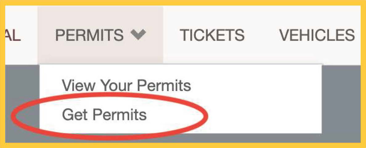 Navigation with permits, tickets, vehicles option. Get permits under permits is circled.