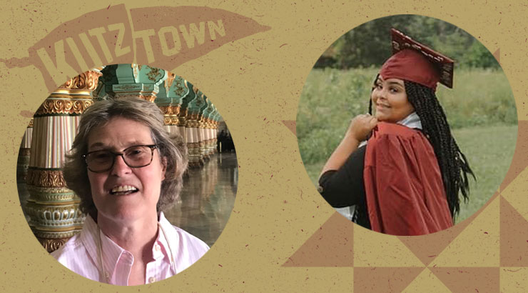 Two circular pictures set on Kutztown University graphic background. The right image is Shae-Lynn Harris and Dr. Anita Meehan is pictured on the left. 