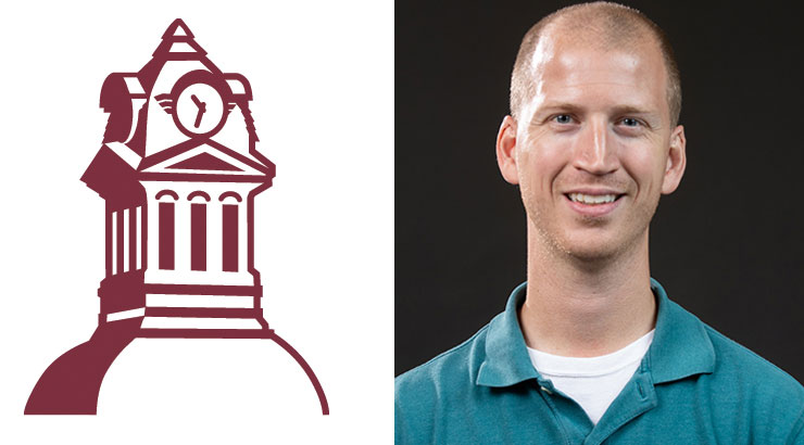 Portrait of Dr. Darren Achey on the right and KU Clock Tower logo in maroon color to the left. 