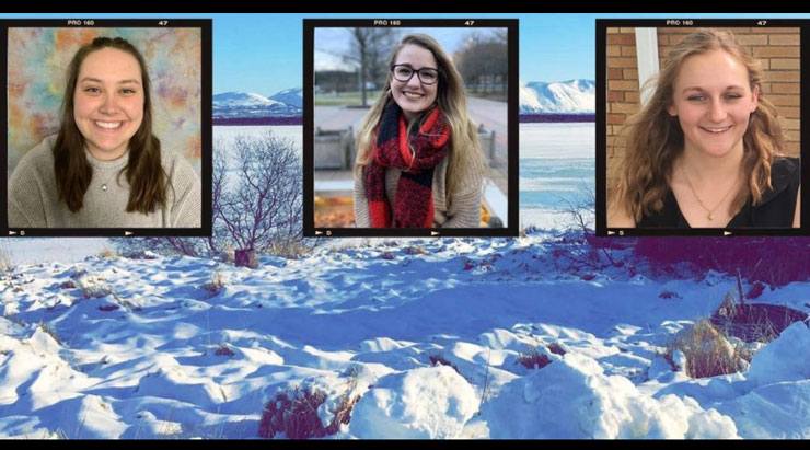 Square screenshot individual images of Alexis Pursell, Amanda Remick and Rachel Speranza are inlaid at the top of an image of a snow covered Alaskan landscape. 