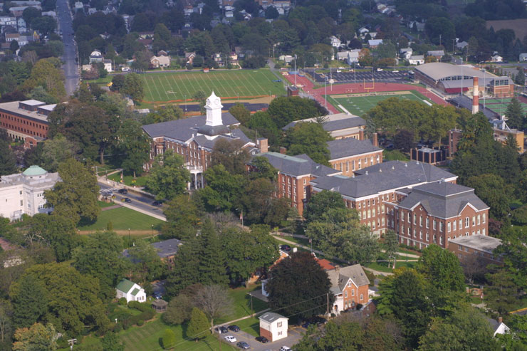 Ariel View of Old Main with Andre Reed Stadium in the top right corner. 
