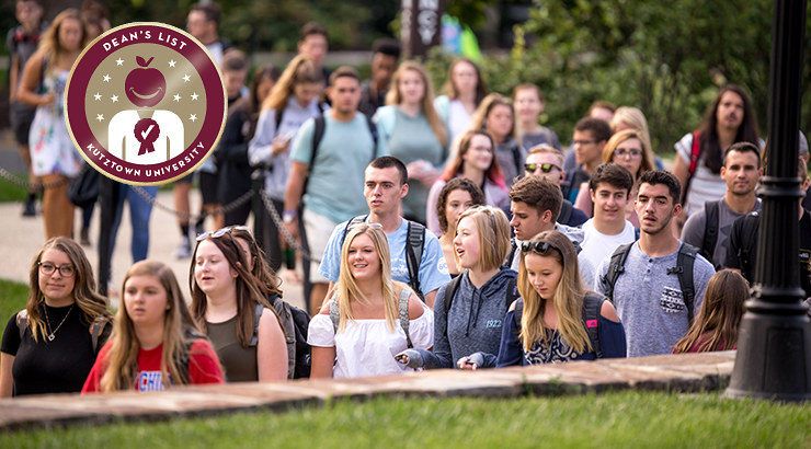 Students walking on campus. Dean's List Kutztown University logo.