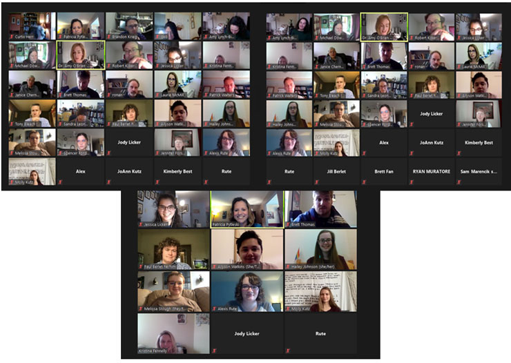Image is of three screenshots of Zoom sessions, featuring members of the Kutztown University Department of English and student award recipients. 