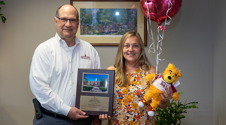 Kutztown University president, Kenneth Hawkinson, poses for photo op. with Christina Ferris, secretary, Department of Biological Sciences, during the Employee of the Month for October 2020, award presentation. 