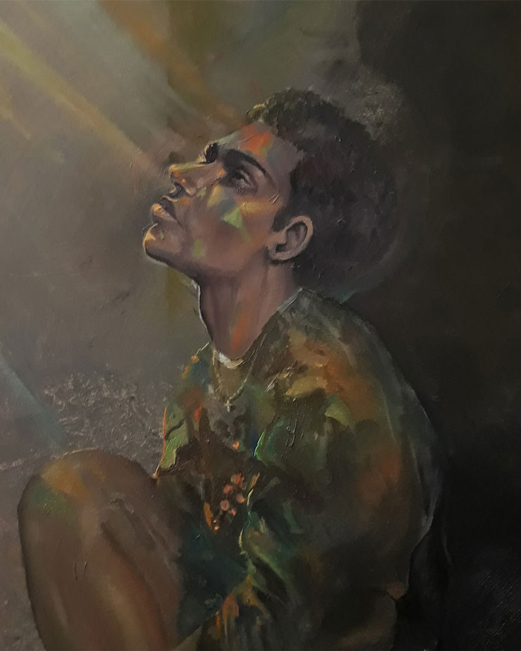 Full Spectrum Yasmine Beyruti Devotion. Painting of an African American person looking up showing the light streaming on their face.